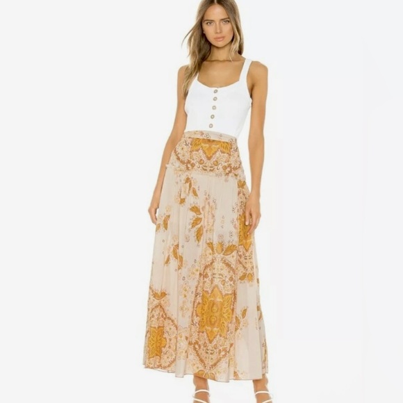 Free People Farrah Drop Waist Maxi Skirt Ivory Gold Size 6 - Picture 2 of 12